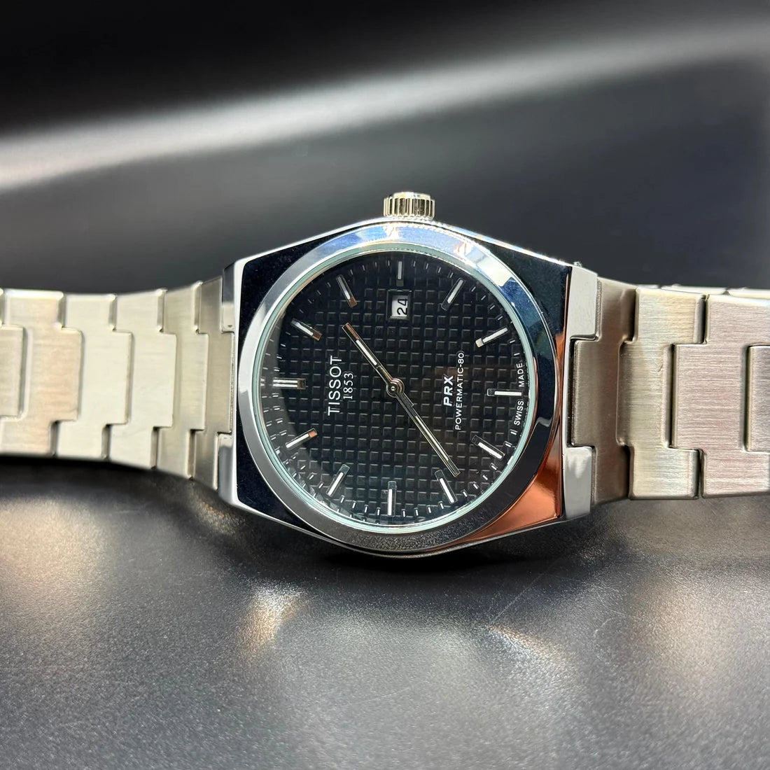 TISSOT PRX BLACK dial with silver chain